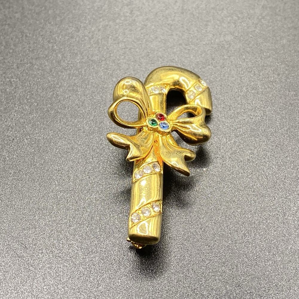 Vintage Merksamer Rhinestone Candy Cane Brooch Christmas Bow Gold Tone
